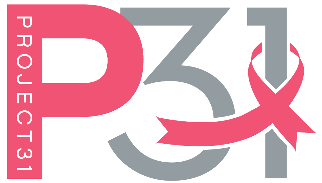 A logo with "Project 31" in gray and pink; features a pink ribbon symbolizing breast cancer awareness intertwined with the number "31."